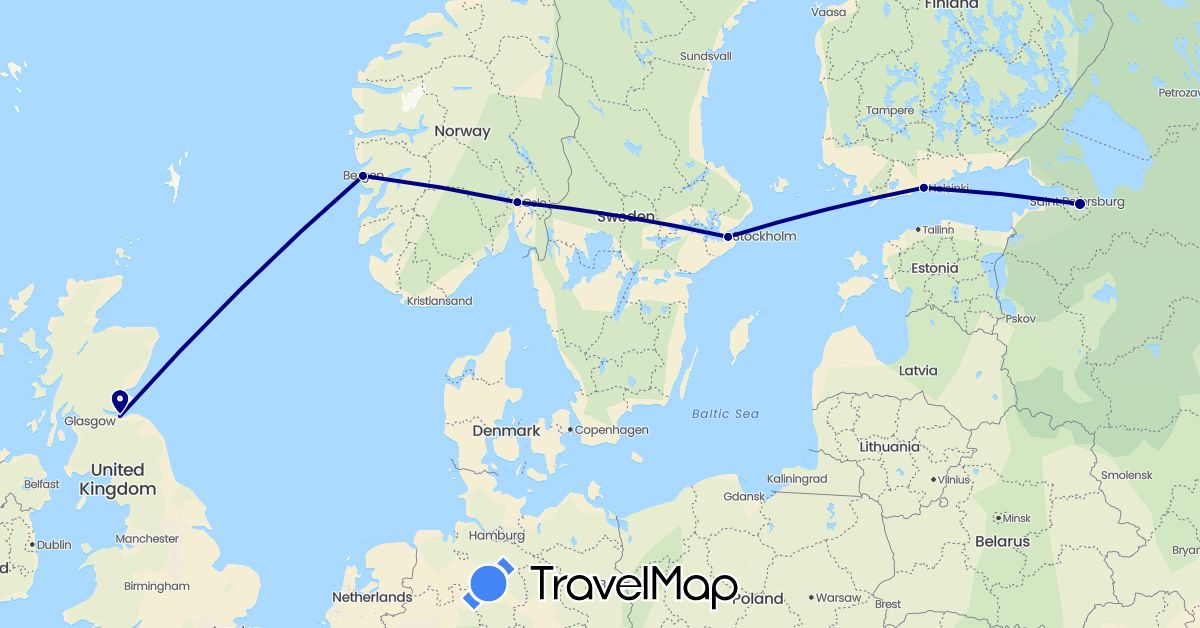 TravelMap itinerary: driving in Finland, United Kingdom, Norway, Russia, Sweden (Europe)